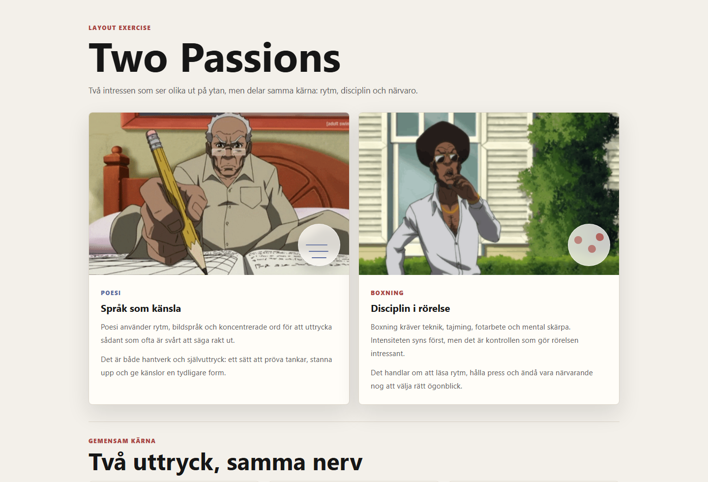 Screenshot av Two Passions webbprojekt