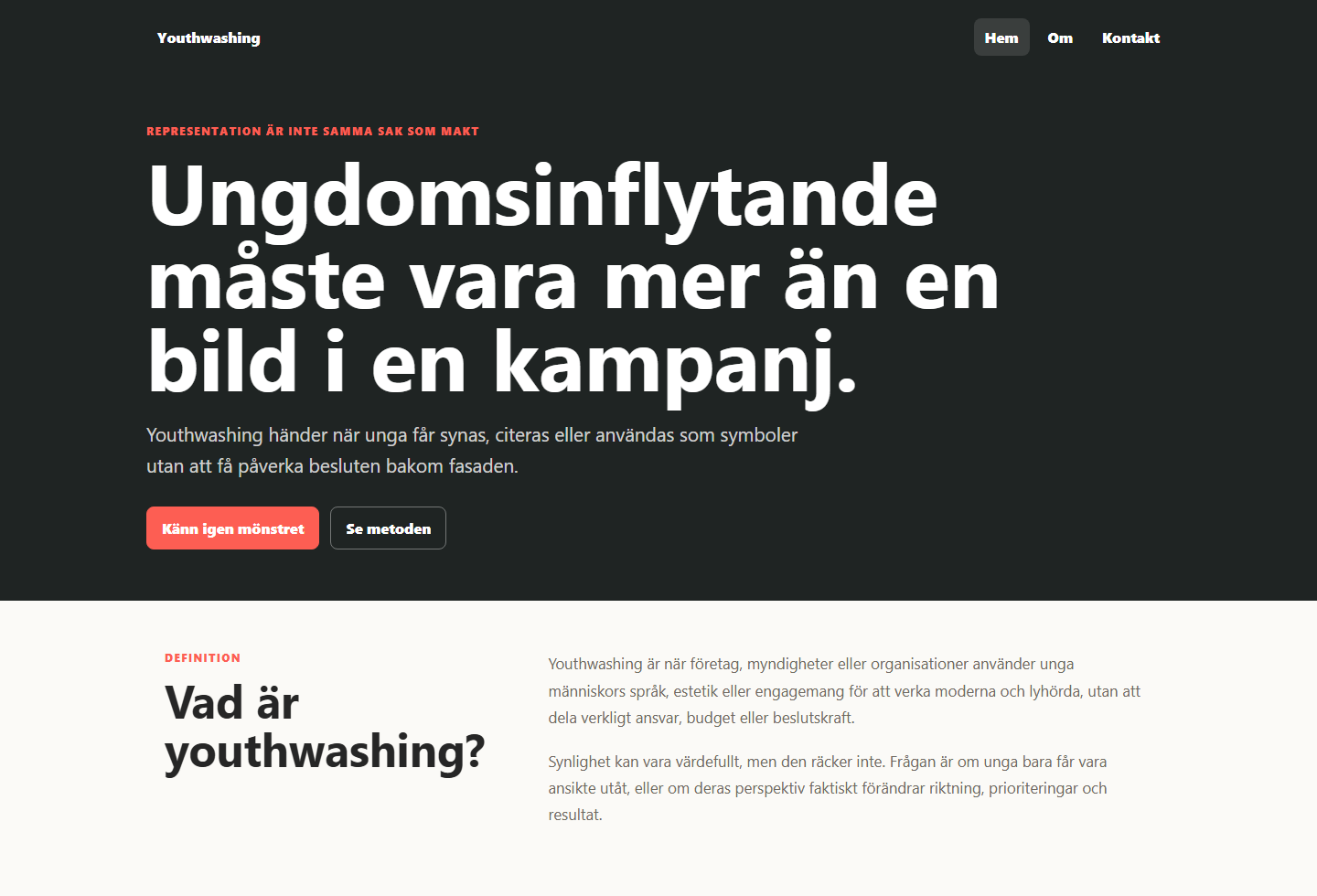 Screenshot av Youthwashing webbprojekt